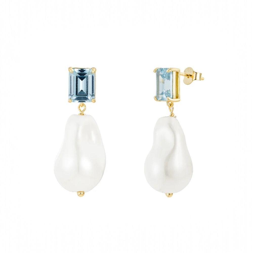 Elegant Gold and Blue pearls Drop Earrings